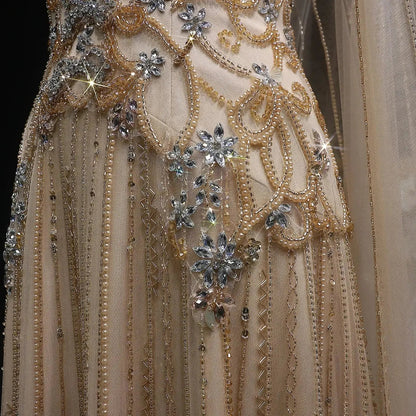 Luxury Champagne Beaded Glitter Sheer Cape Sleeve Mermaid Evening Dress SS538