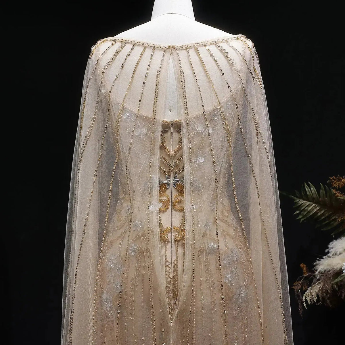 Luxury Champagne Beaded Glitter Sheer Cape Sleeve Mermaid Evening Dress SS538