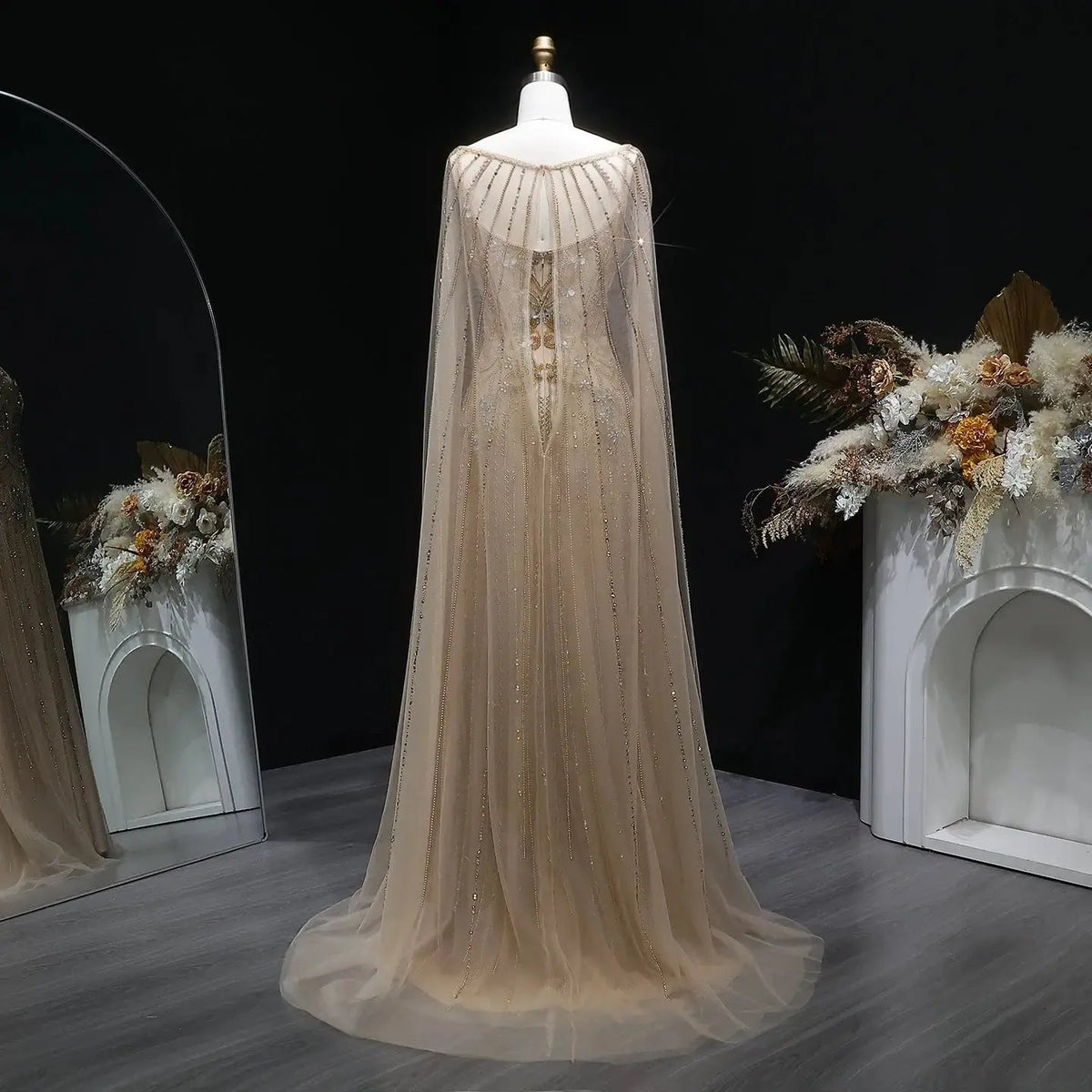 Luxury Champagne Beaded Glitter Sheer Cape Sleeve Mermaid Evening Dress SS538