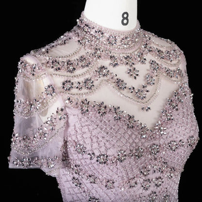 Chic Champagne Short Sleeve Grid Rhinestone Mermaid Evening Dress SS185