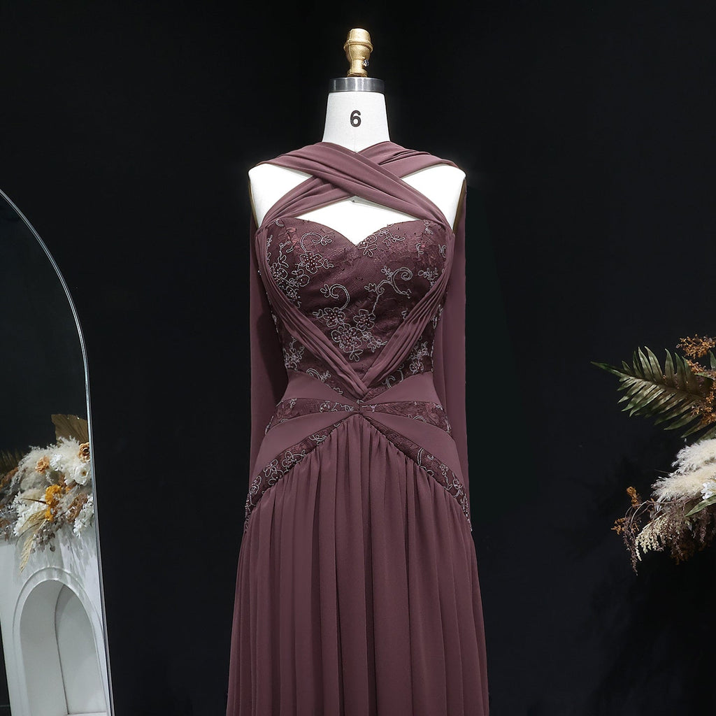 Luxury Brown Halter Neck Ruched Evening Dress with Cape SF460
