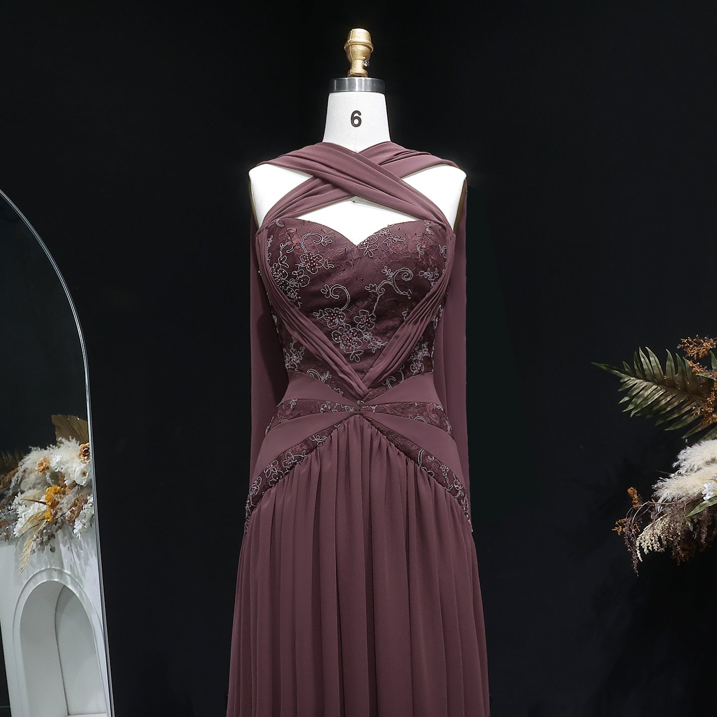 Luxury Brown Halter Neck Ruched Evening Dress with Cape SF460
