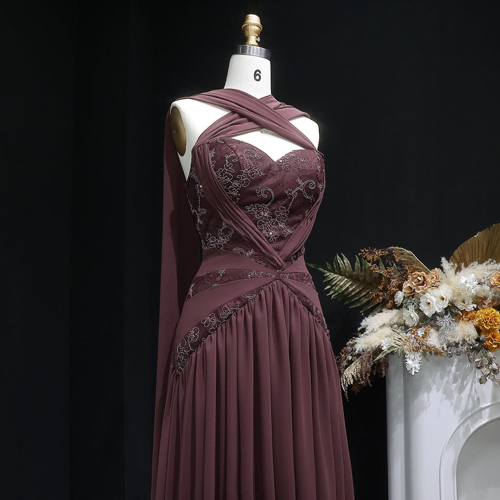 Luxury Brown Halter Neck Ruched Evening Dress with Cape SF460