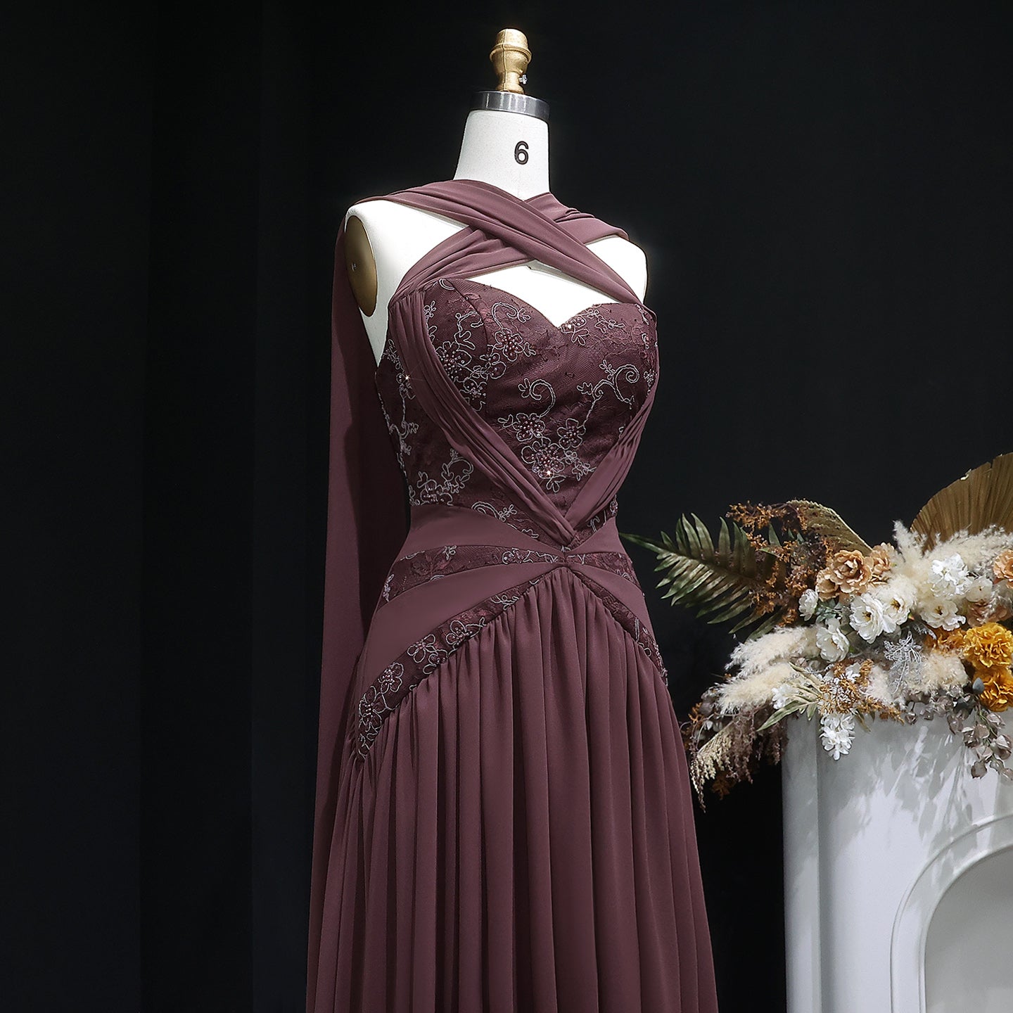 Luxury Brown Halter Neck Ruched Evening Dress with Cape SF460