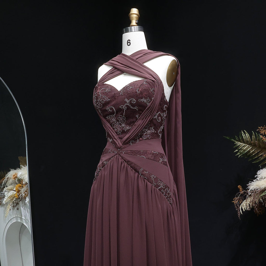 Luxury Brown Halter Neck Ruched Evening Dress with Cape SF460
