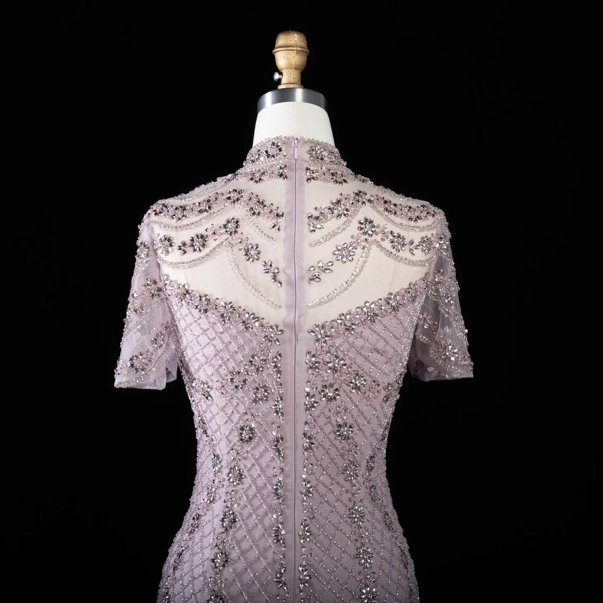 Chic Champagne Short Sleeve Grid Rhinestone Mermaid Evening Dress SS185
