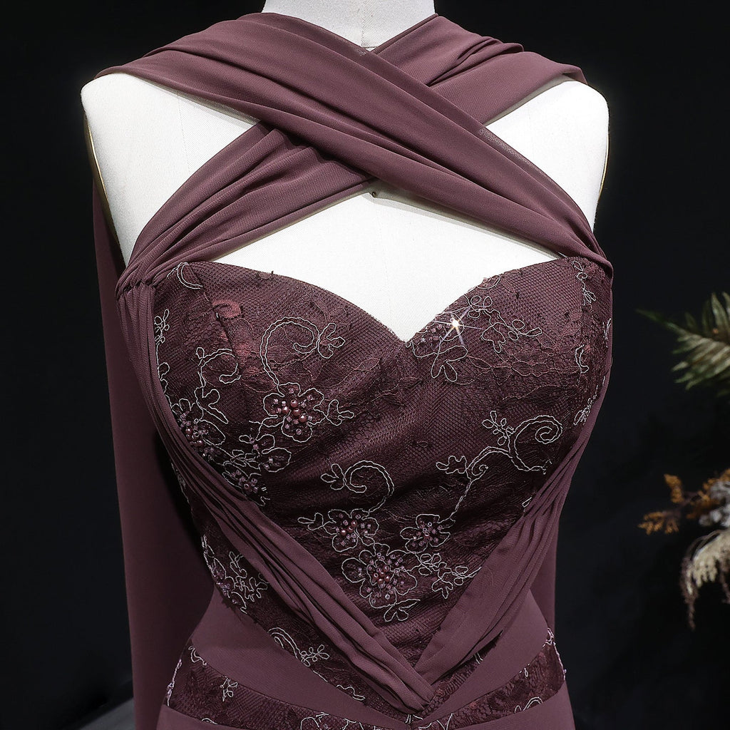 Luxury Brown Halter Neck Ruched Evening Dress with Cape SF460