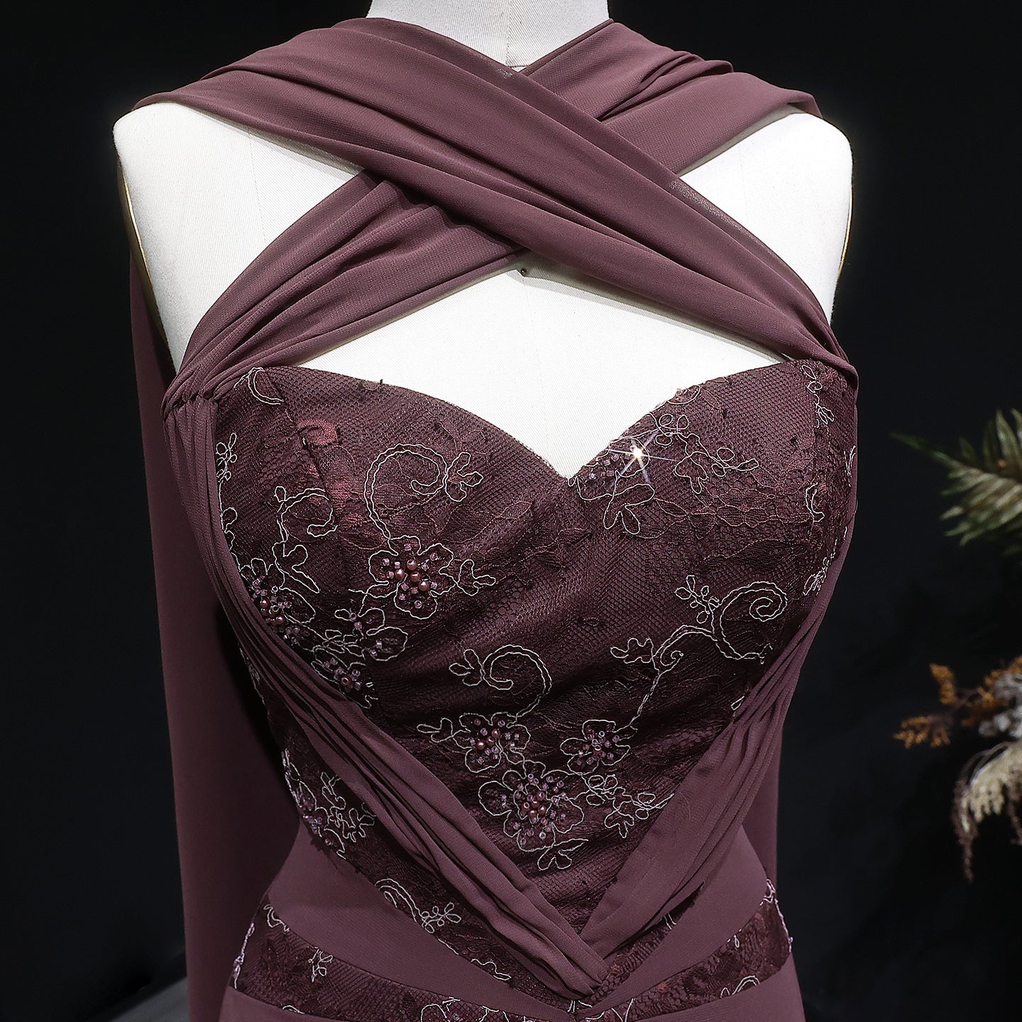 Luxury Brown Halter Neck Ruched Evening Dress with Cape SF460
