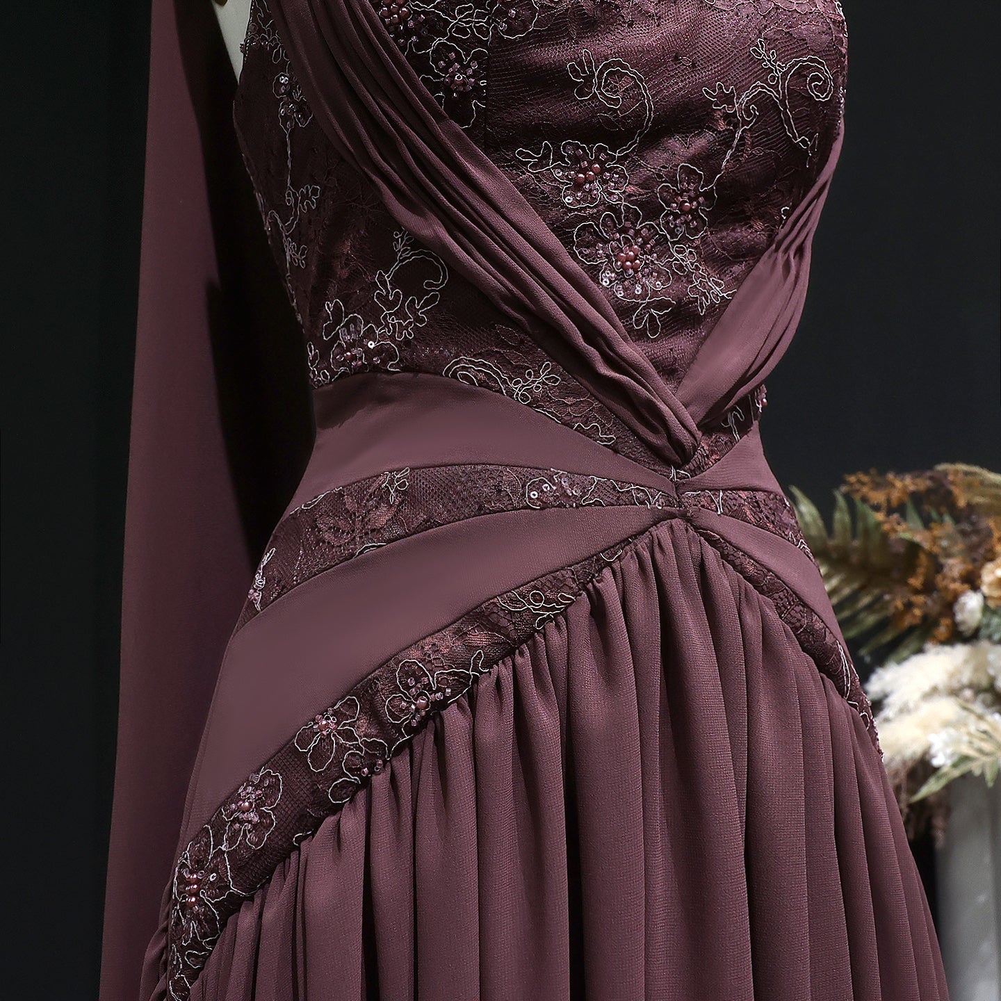 Luxury Brown Halter Neck Ruched Evening Dress with Cape SF460