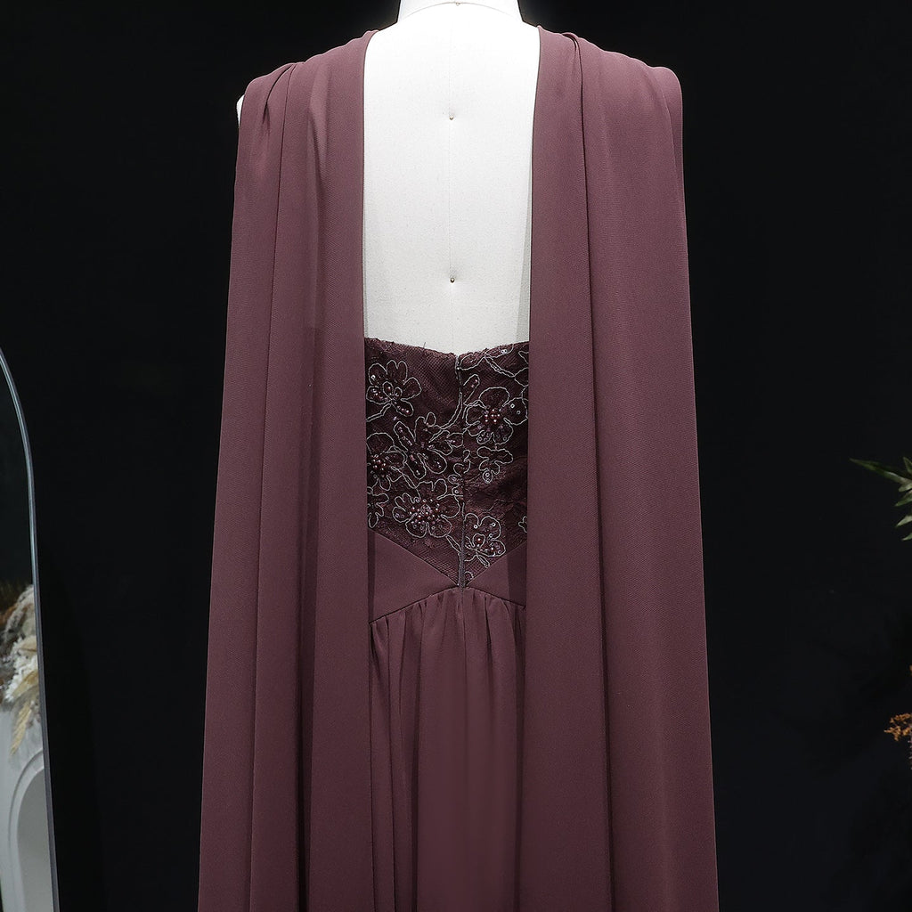 Luxury Brown Halter Neck Ruched Evening Dress with Cape SF460
