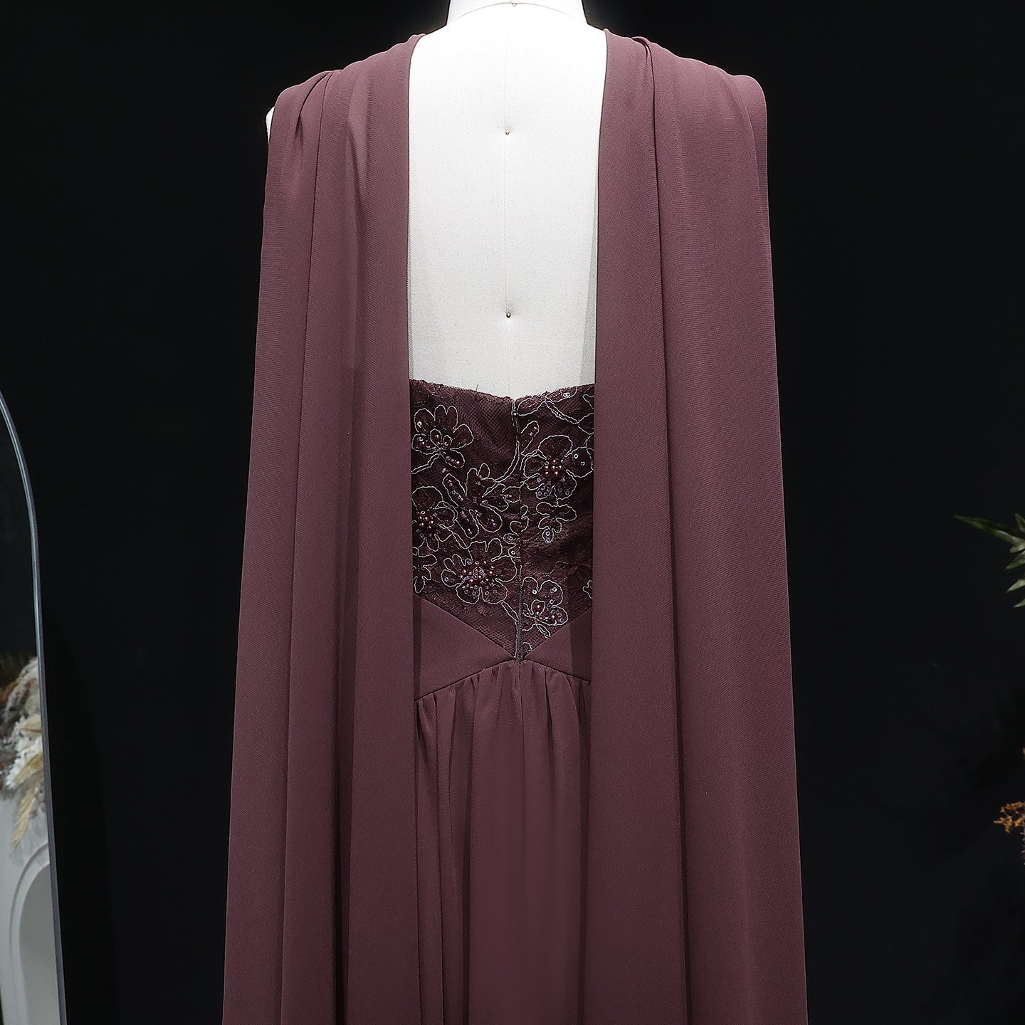 Luxury Brown Halter Neck Ruched Evening Dress with Cape SF460