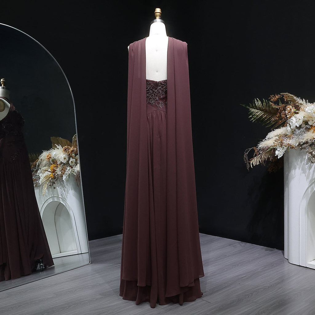 Luxury Brown Halter Neck Ruched Evening Dress with Cape SF460