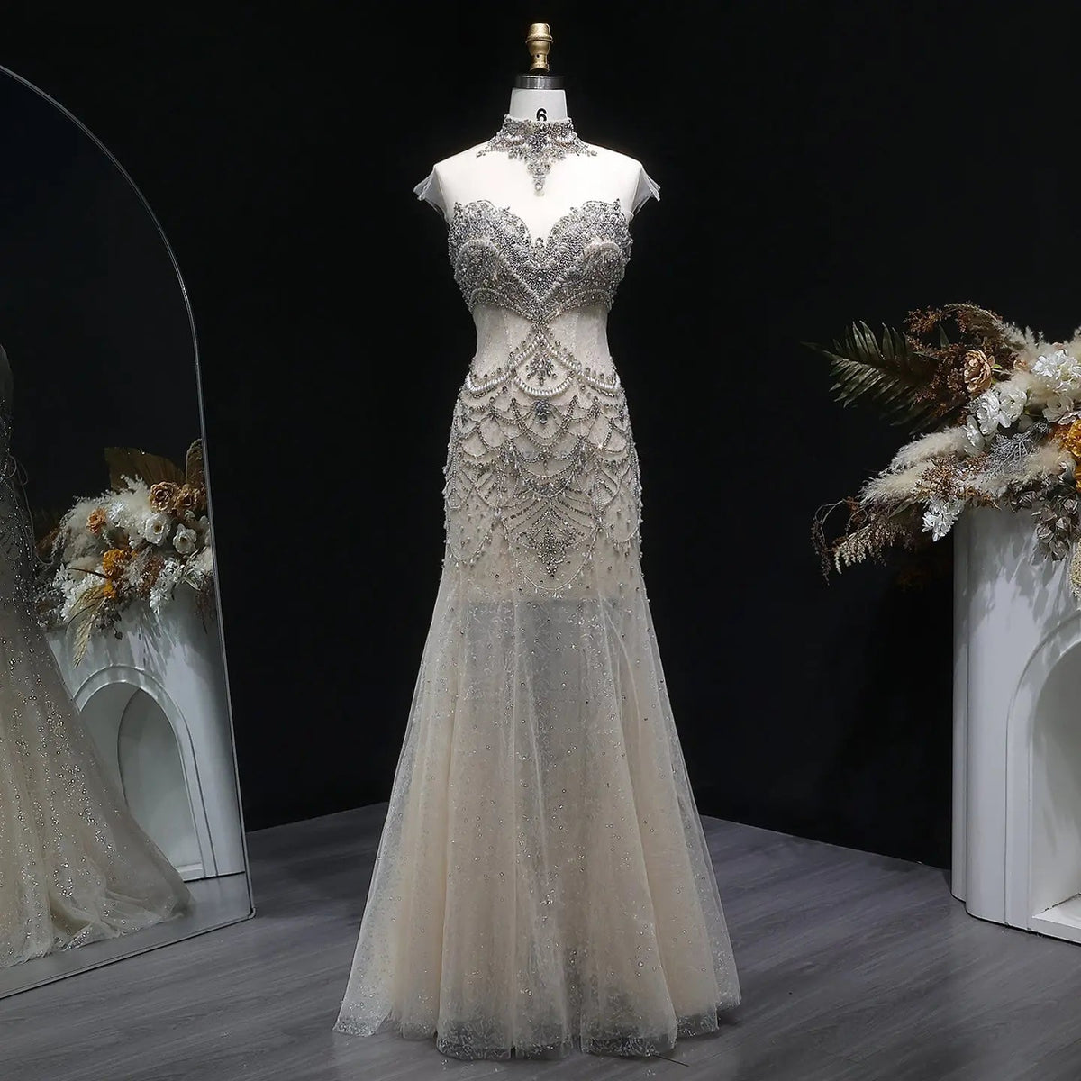 Romantic Nude Beaded Mermaid Evening Dress with High Neck Statement Collar SS380