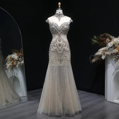 Romantic Nude Beaded Mermaid Evening Dress with High Neck Statement Collar SS380
