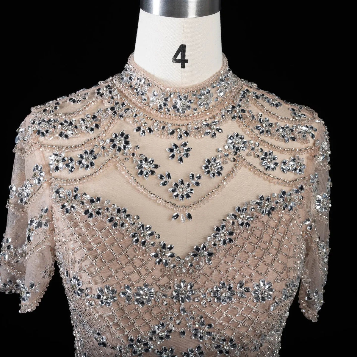 Chic Champagne Short Sleeve Grid Rhinestone Mermaid Evening Dress SS185