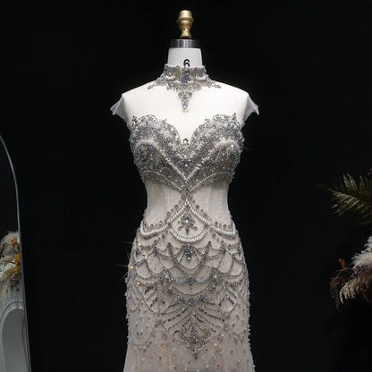 Romantic Nude Beaded Mermaid Evening Dress with High Neck Statement Collar SS380
