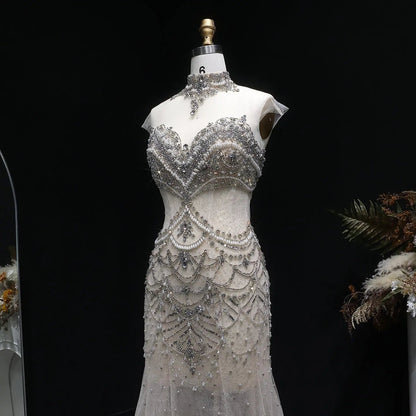 Romantic Nude Beaded Mermaid Evening Dress with High Neck Statement Collar SS380