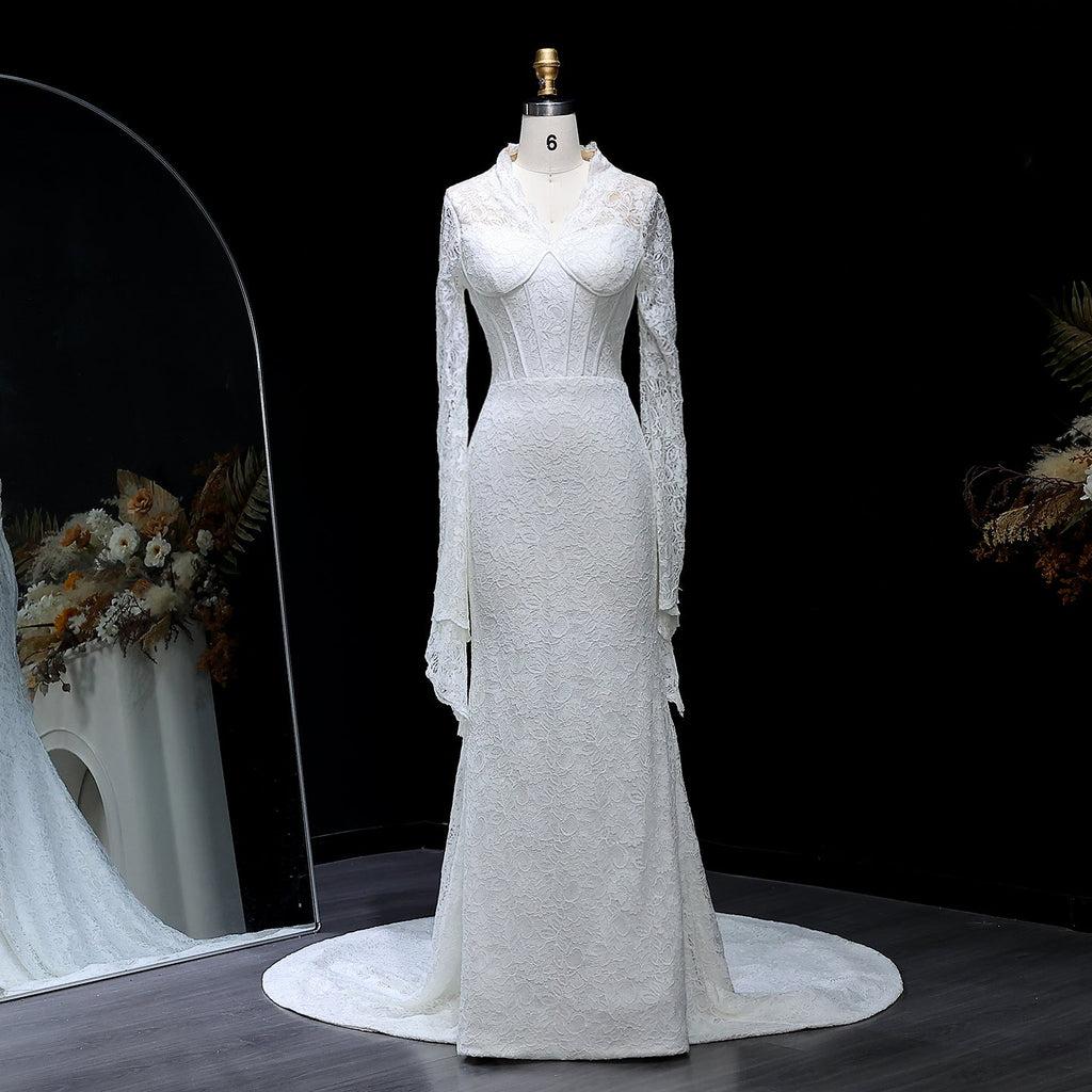 Elegant White Lace Long Sleeve Evening Dress SF122