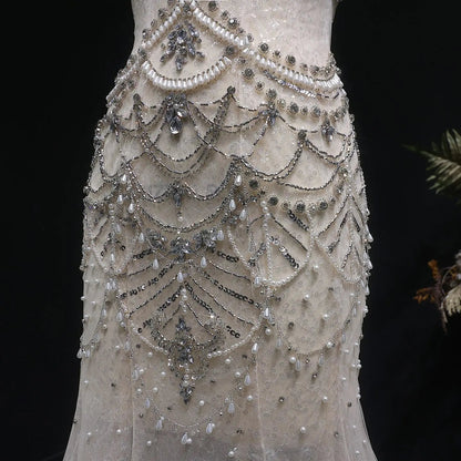 Romantic Nude Beaded Mermaid Evening Dress with High Neck Statement Collar SS380