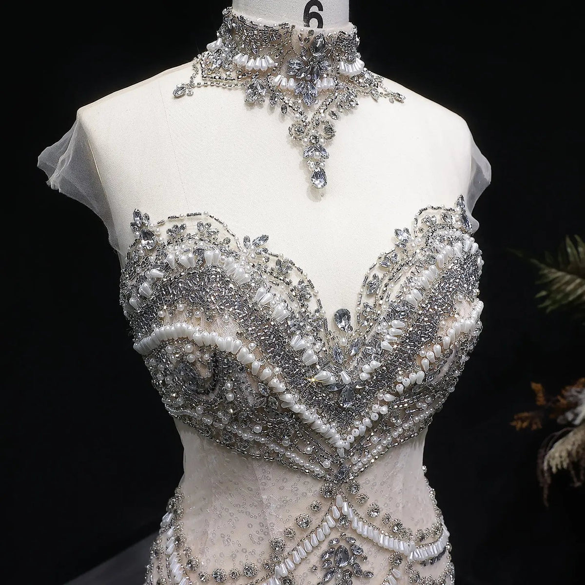 Romantic Nude Beaded Mermaid Evening Dress with High Neck Statement Collar SS380