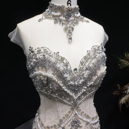 Romantic Nude Beaded Mermaid Evening Dress with High Neck Statement Collar SS380