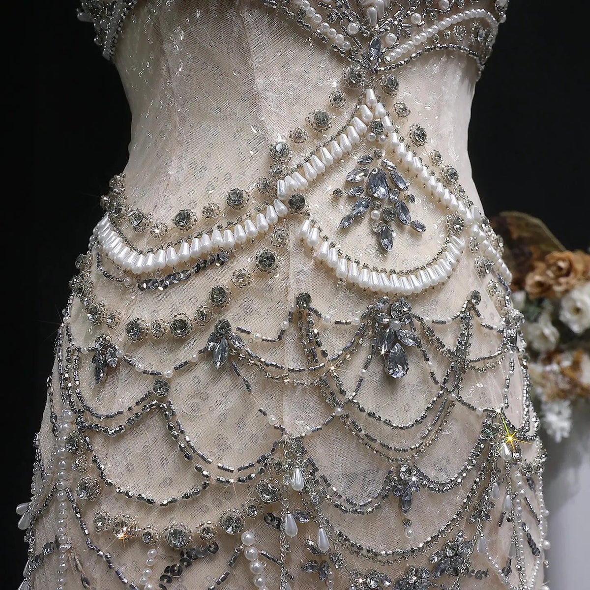 Romantic Nude Beaded Mermaid Evening Dress with High Neck Statement Collar SS380