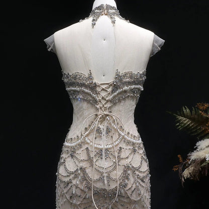 Romantic Nude Beaded Mermaid Evening Dress with High Neck Statement Collar SS380