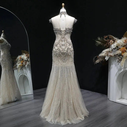 Romantic Nude Beaded Mermaid Evening Dress with High Neck Statement Collar SS380