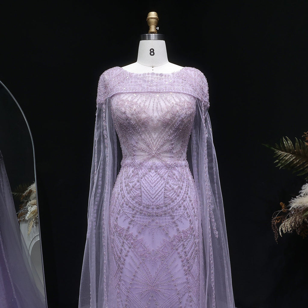 Elegant Lilac Beaded Tulle Evening Dress with Cape Sleeve SS019