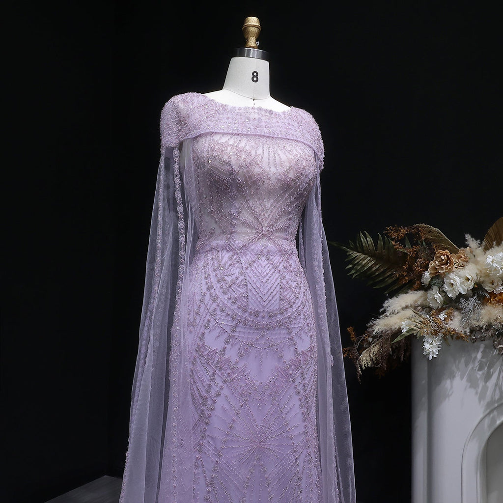 Elegant Lilac Beaded Tulle Evening Dress with Cape Sleeve SS019