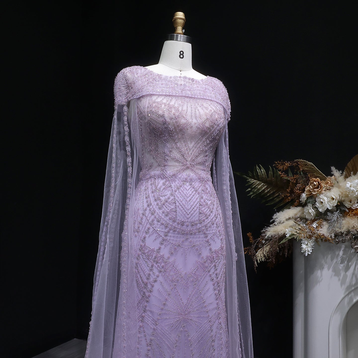 Elegant Lilac Beaded Tulle Evening Dress with Cape Sleeve SS019