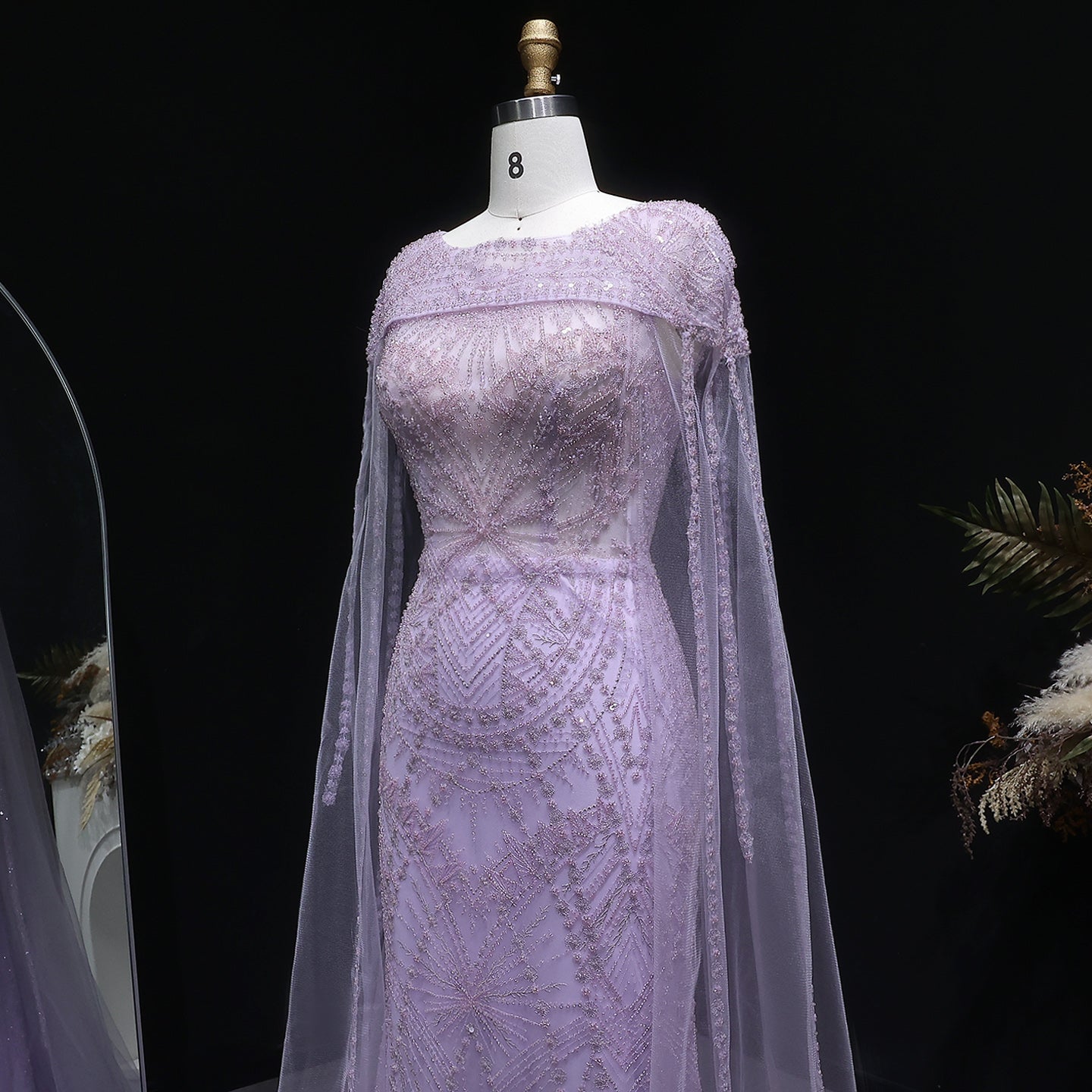 Elegant Lilac Beaded Tulle Evening Dress with Cape Sleeve SS019