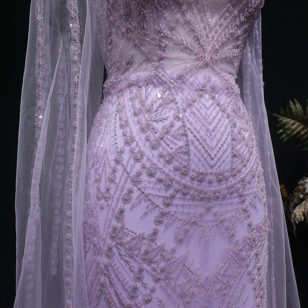 Elegant Lilac Beaded Tulle Evening Dress with Cape Sleeve SS019
