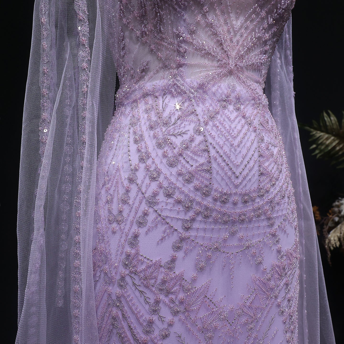 Elegant Lilac Beaded Tulle Evening Dress with Cape Sleeve SS019
