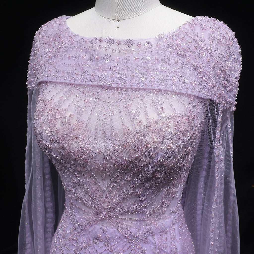 Elegant Lilac Beaded Tulle Evening Dress with Cape Sleeve SS019