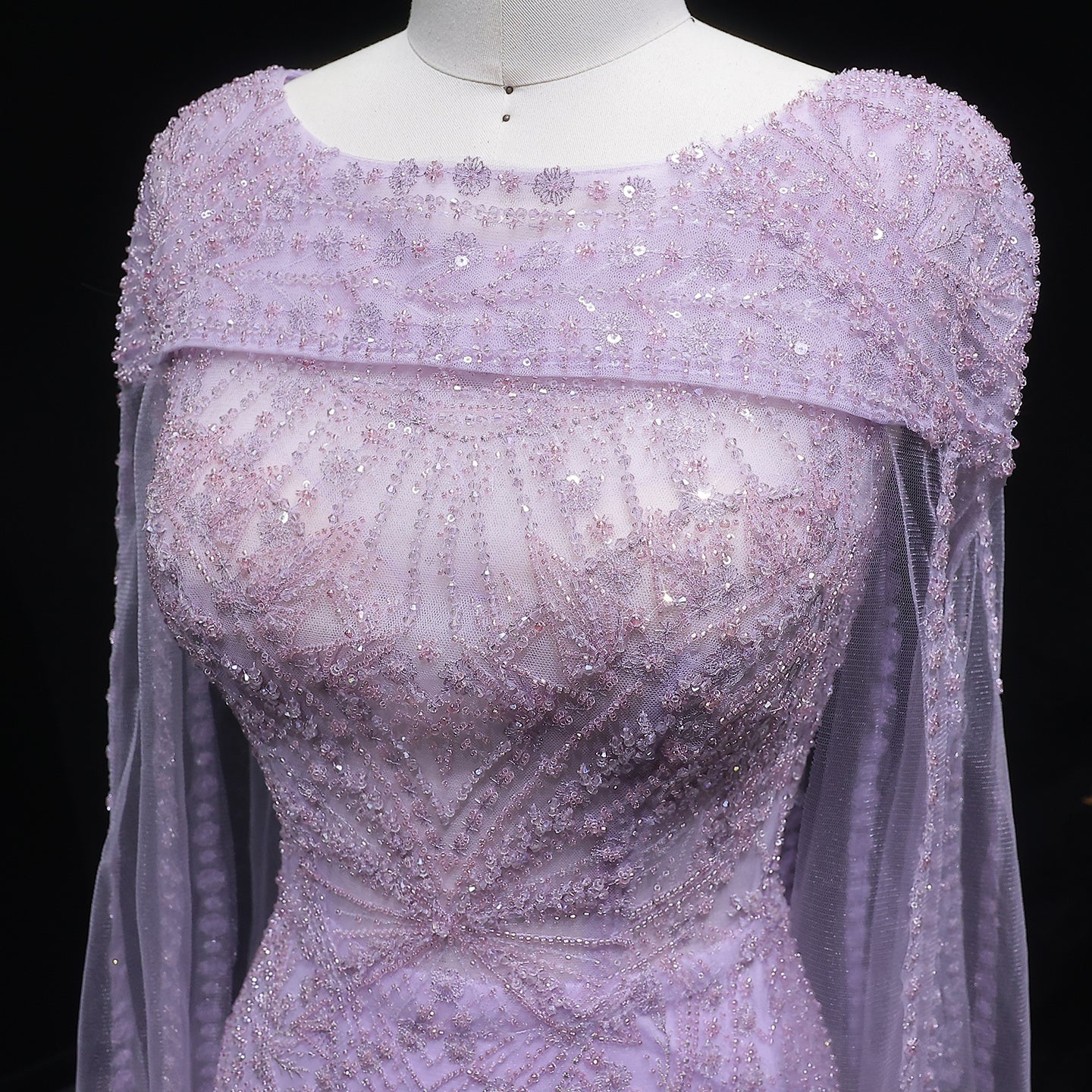 Elegant Lilac Beaded Tulle Evening Dress with Cape Sleeve SS019