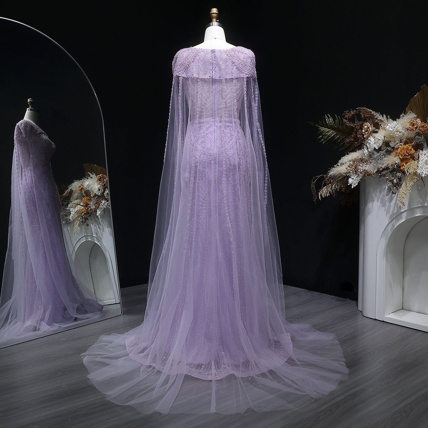 Elegant Lilac Beaded Tulle Evening Dress with Cape Sleeve SS019