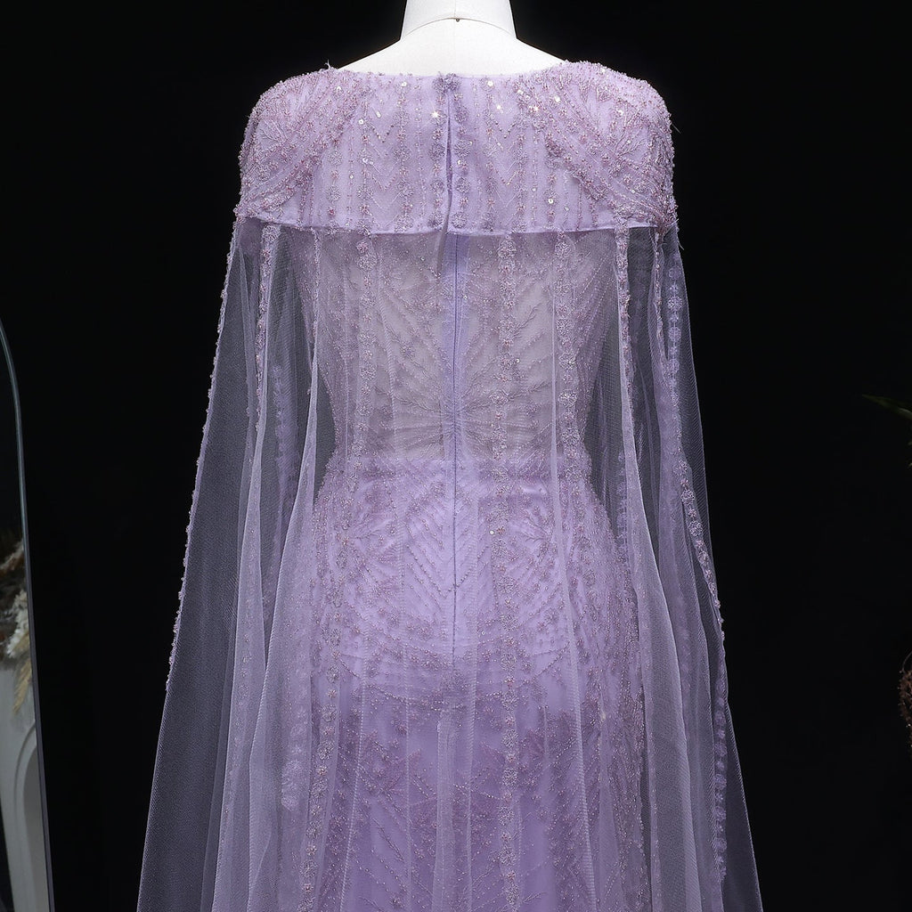 Elegant Lilac Beaded Tulle Evening Dress with Cape Sleeve SS019