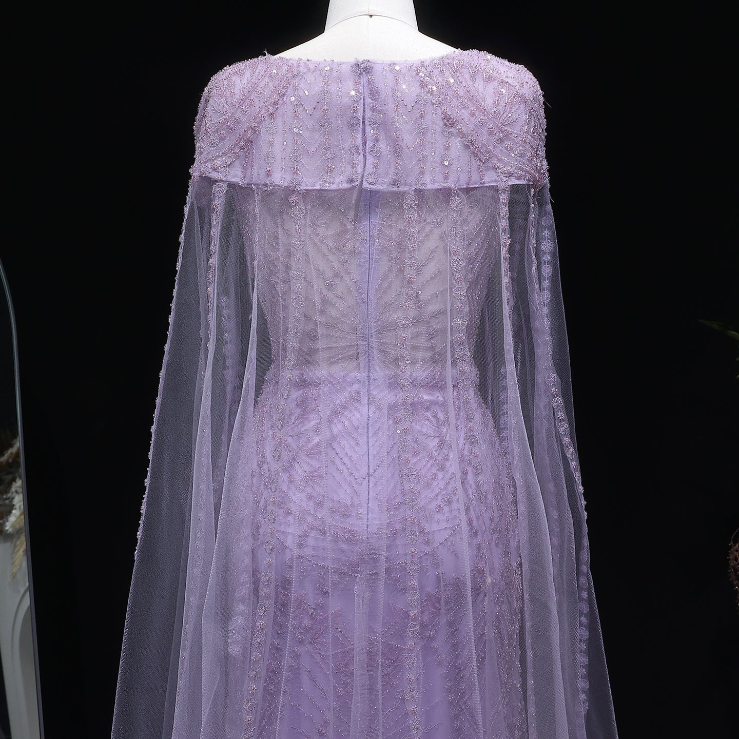 Elegant Lilac Beaded Tulle Evening Dress with Cape Sleeve SS019