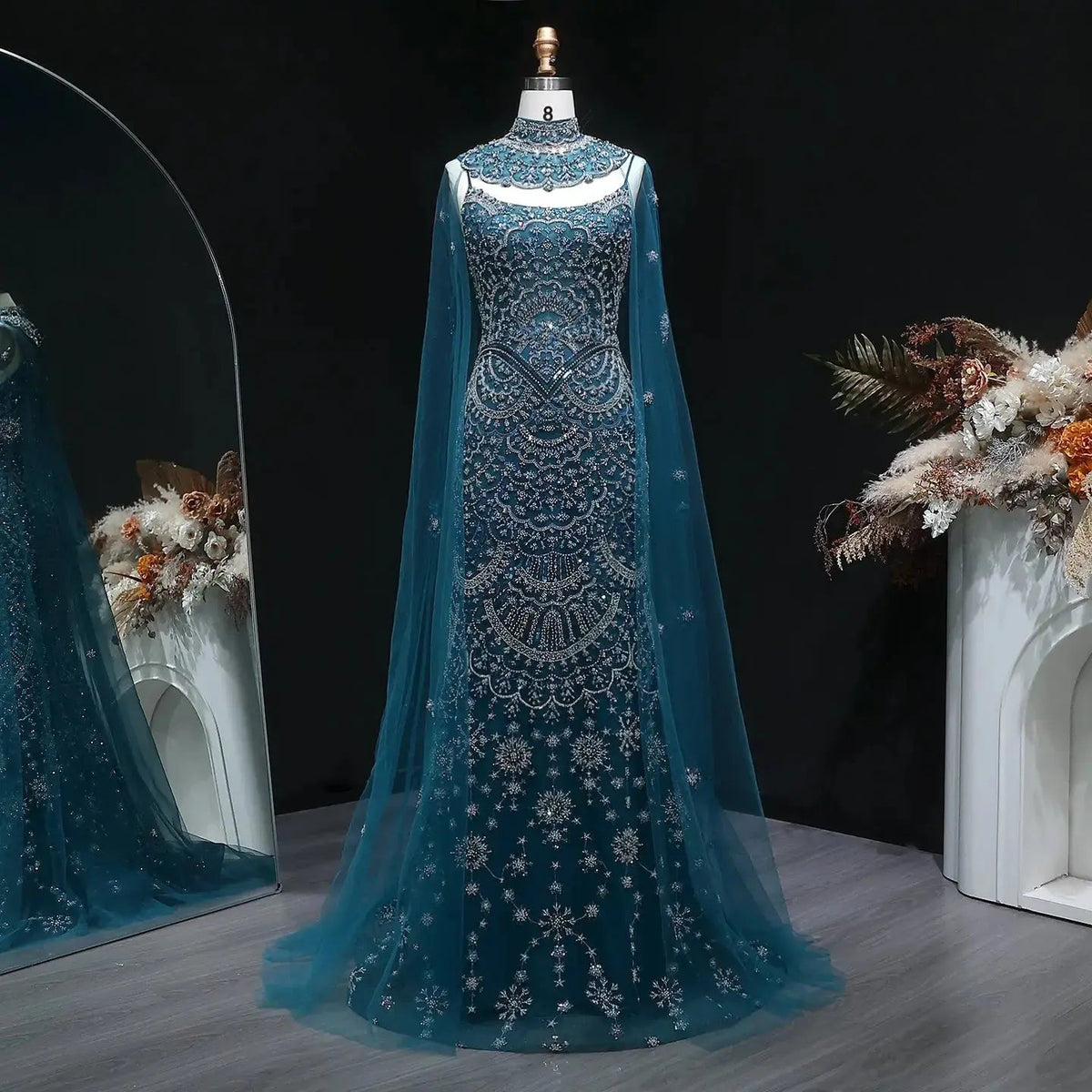 Luxury Teal Beaded Halter Neck Cape Mermaid Evening Dress SS028