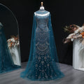 Luxury Teal Halter Neck Beaded Cape Mermaid Evening Dress SS028
