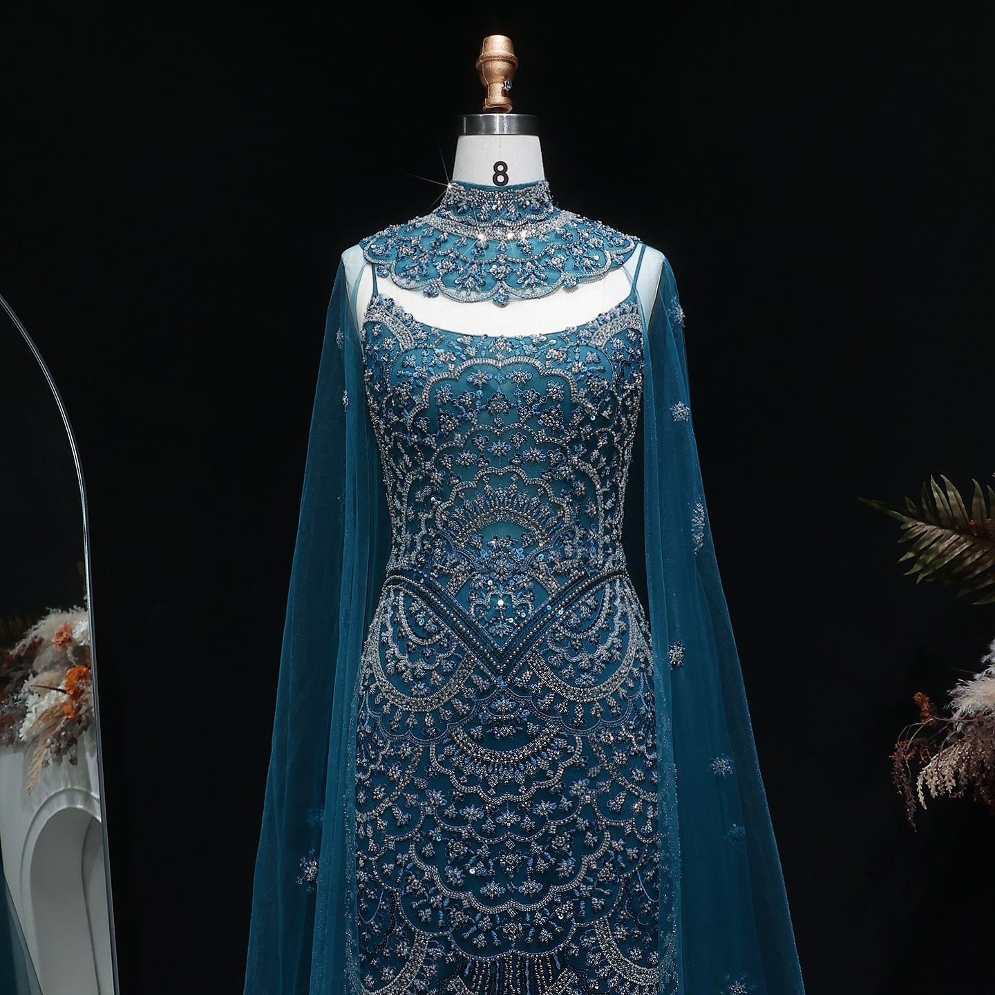 Luxury Teal Halter Neck Beaded Cape Mermaid Evening Dress SS028