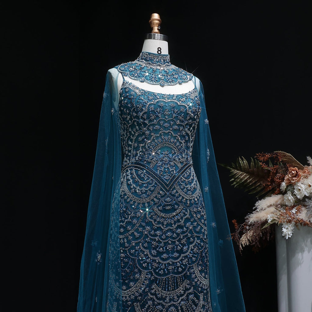 Luxury Teal Halter Neck Beaded Cape Mermaid Evening Dress SS028