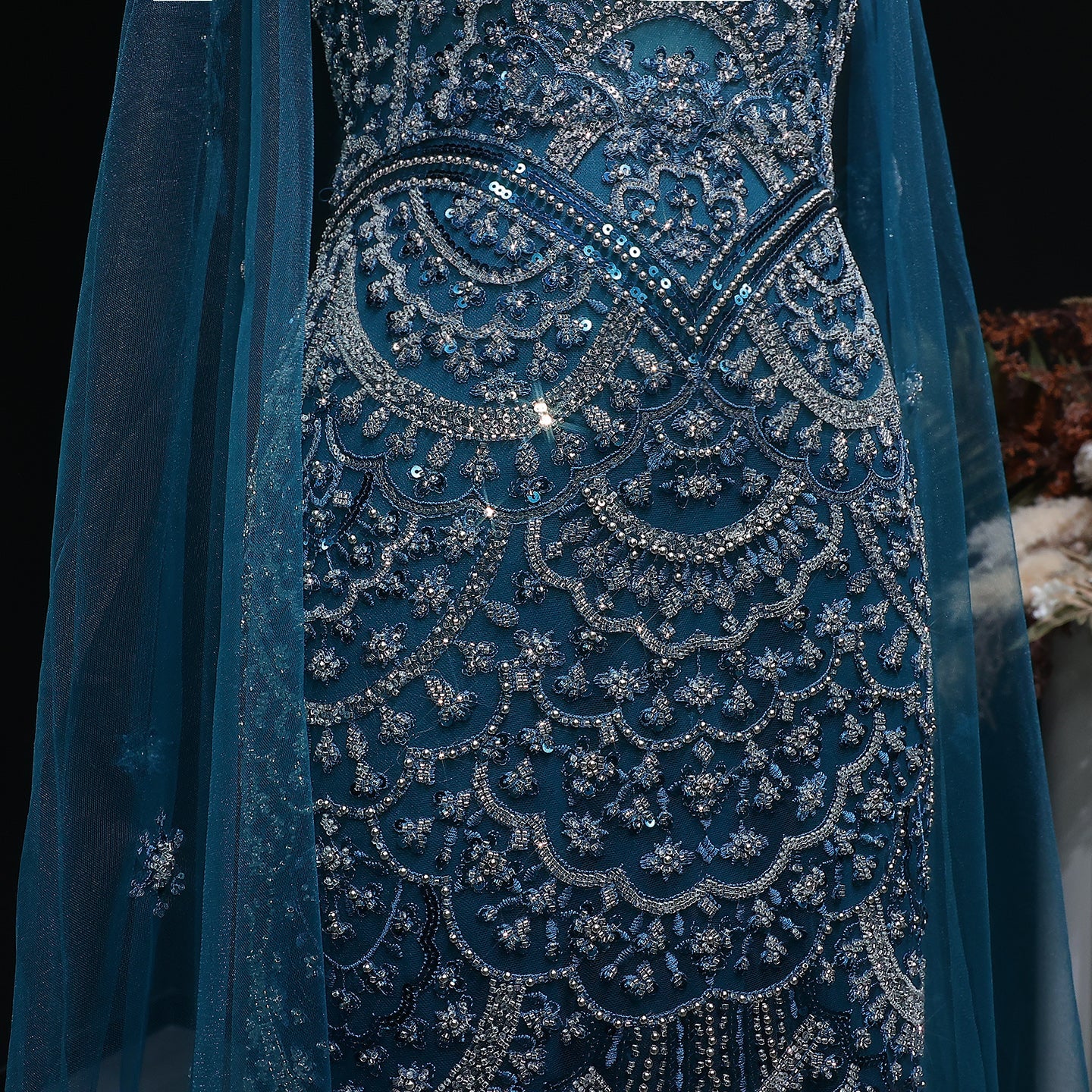 Luxury Teal Halter Neck Beaded Cape Mermaid Evening Dress SS028