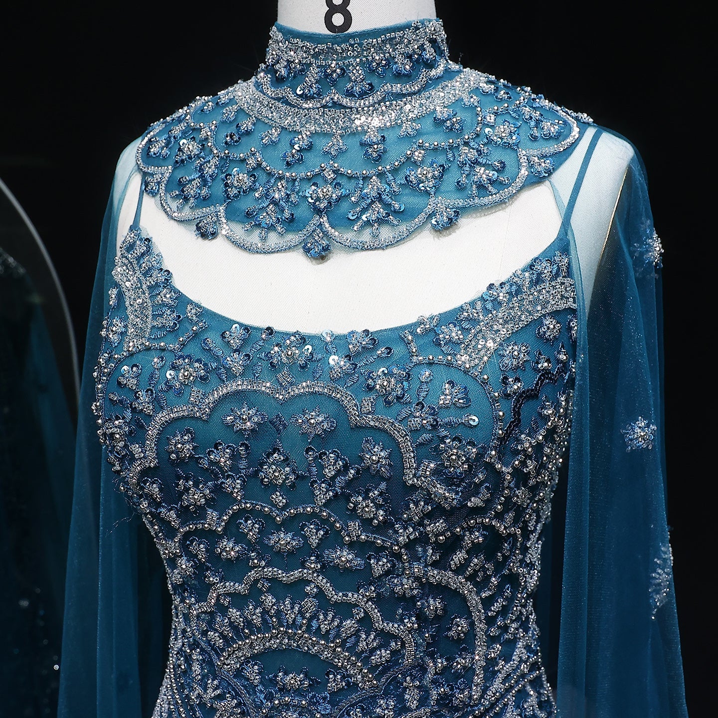 Luxury Teal Halter Neck Beaded Cape Mermaid Evening Dress SS028