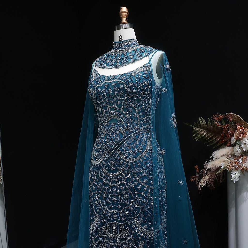 Luxury Teal Halter Neck Beaded Cape Mermaid Evening Dress SS028
