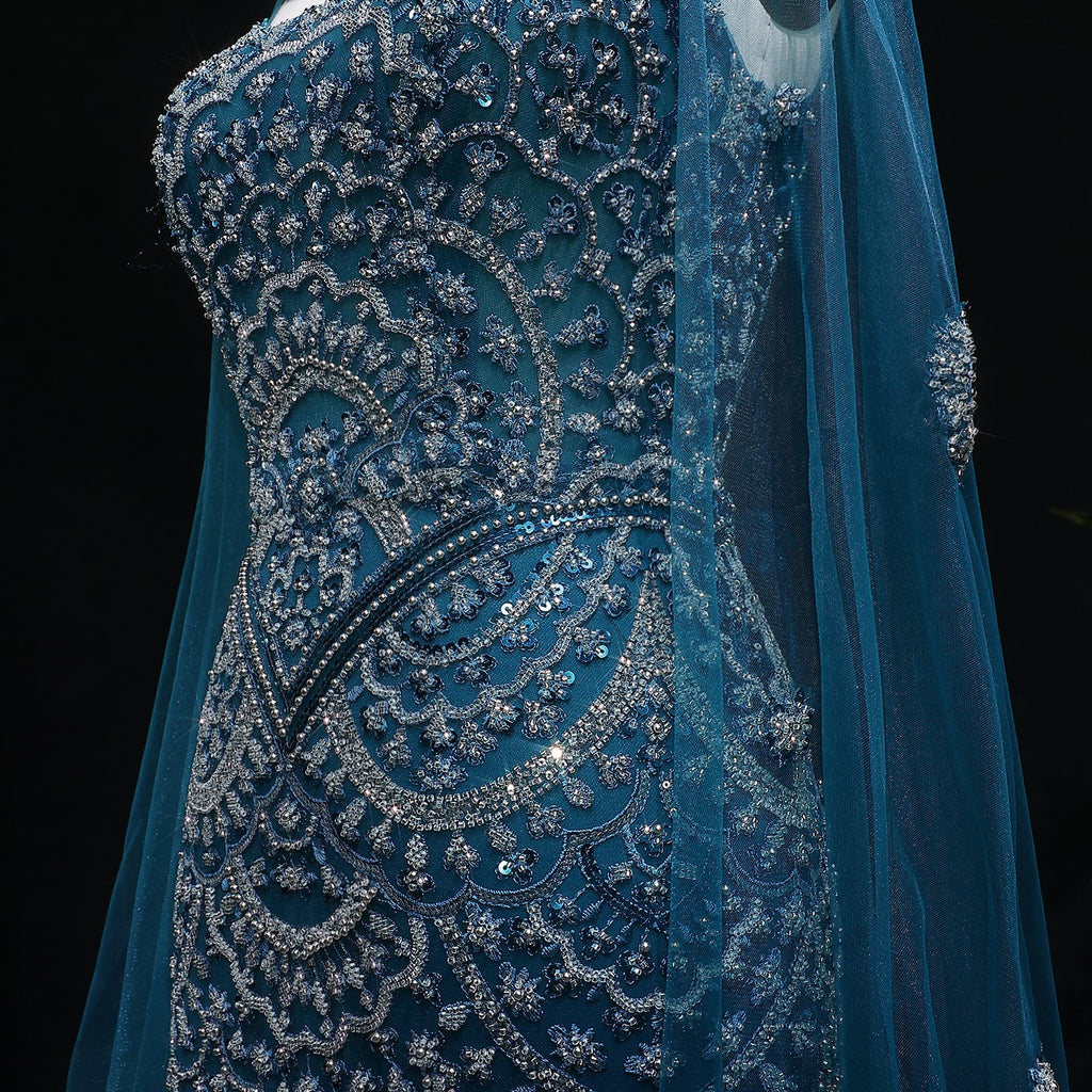 Luxury Teal Halter Neck Beaded Cape Mermaid Evening Dress SS028
