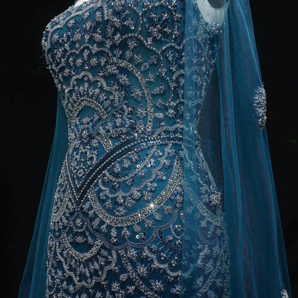 Luxury Teal Beaded Halter Neck Cape Mermaid Evening Dress SS028
