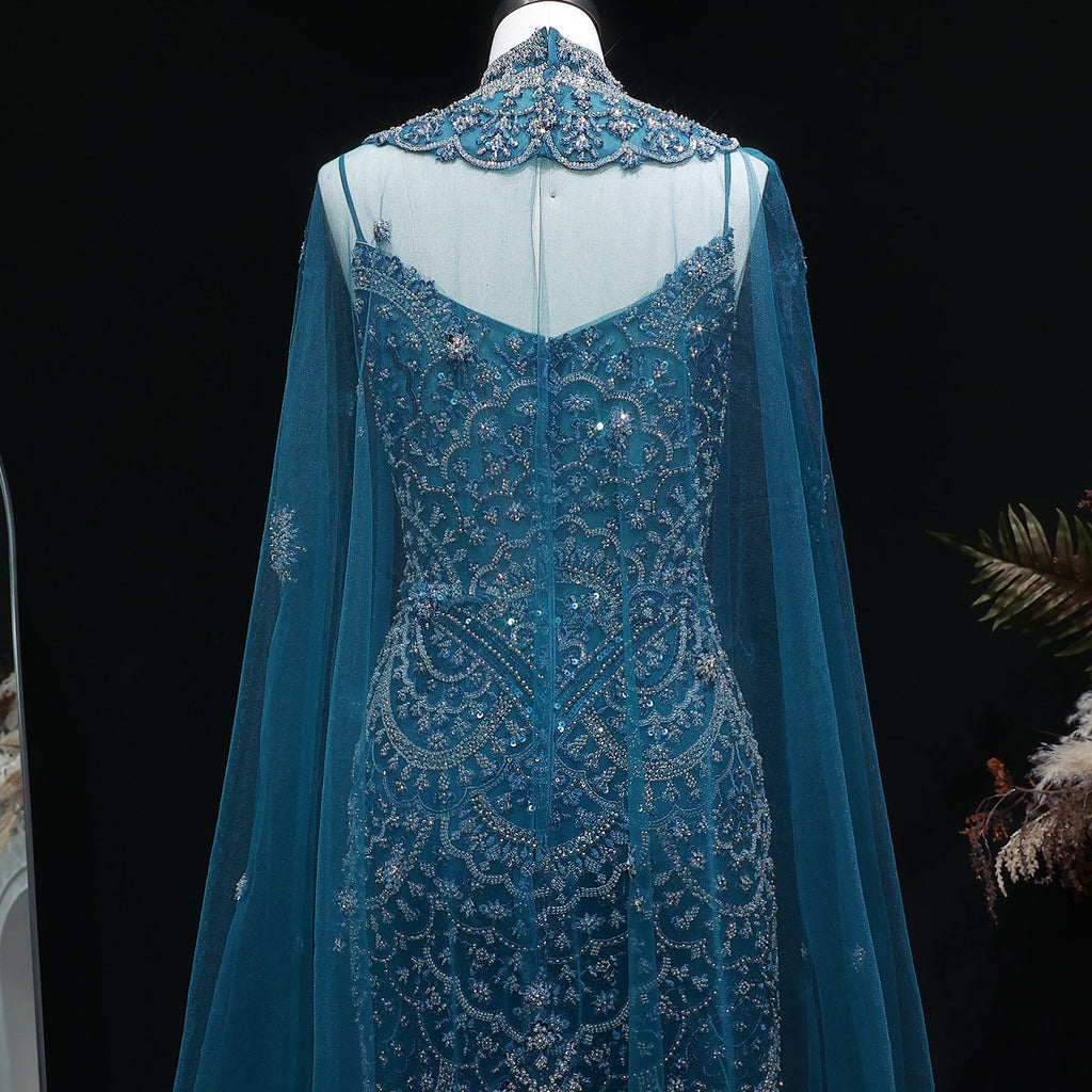 Luxury Teal Halter Neck Beaded Cape Mermaid Evening Dress SS028