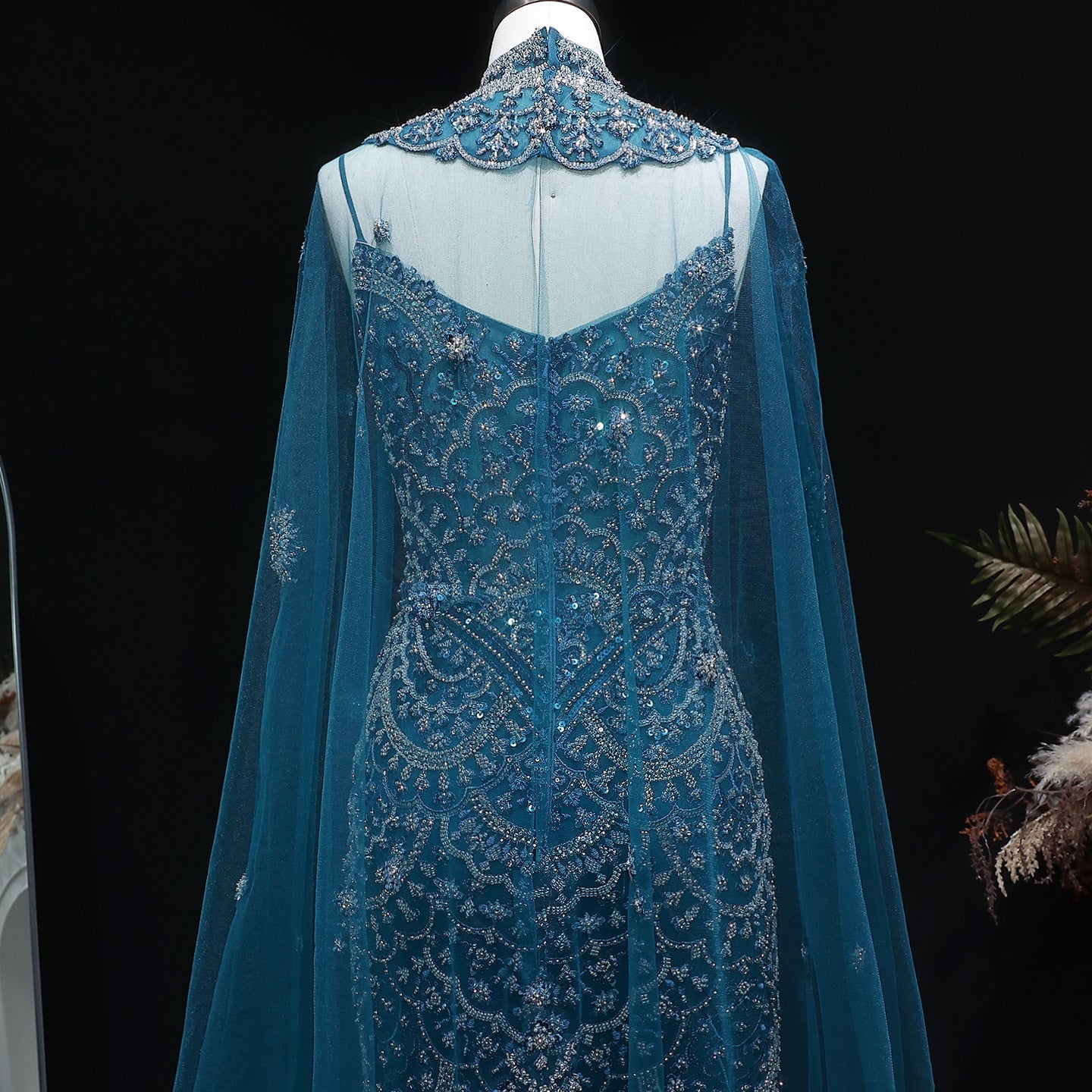 Luxury Teal Halter Neck Beaded Cape Mermaid Evening Dress SS028